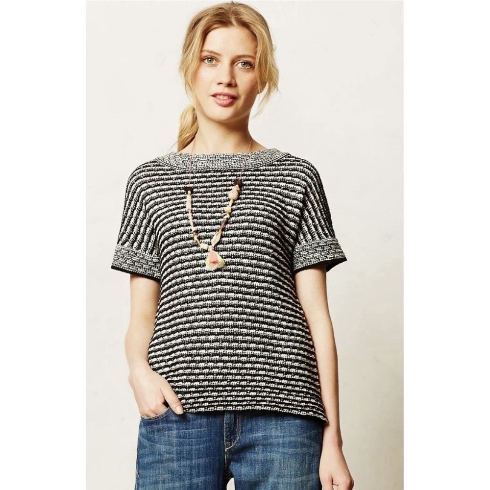 Anthropologie Field Flower Black White Striped Cotton Linen Knit Sweater‎ Top L